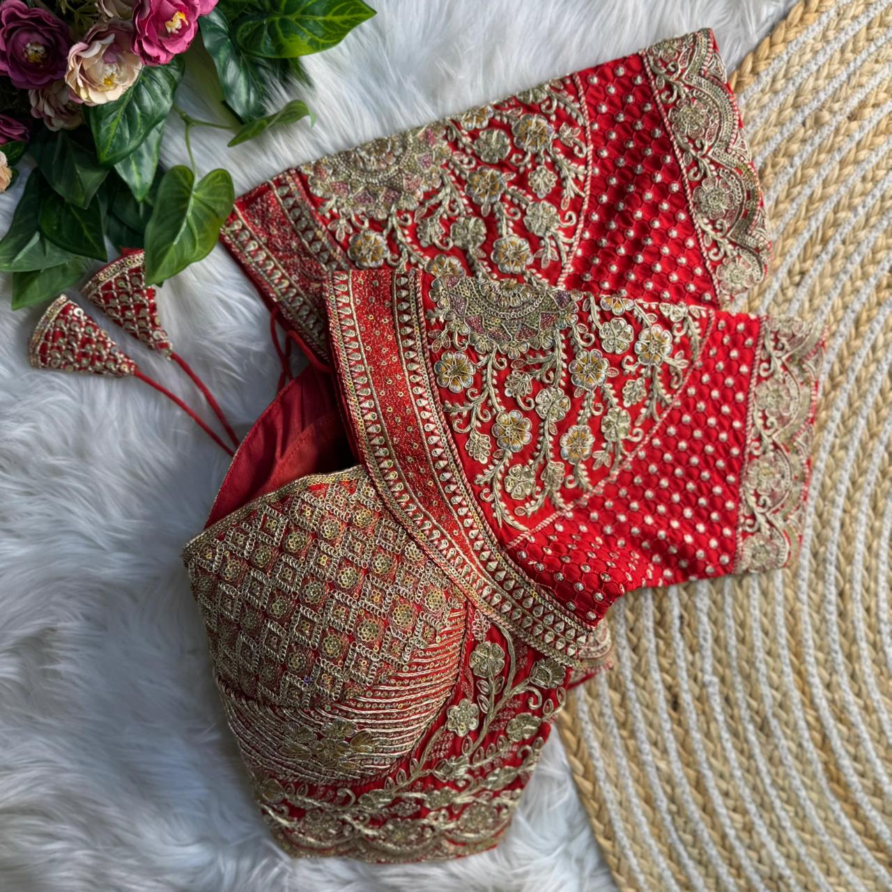 Red Madhubala Styles Inspired Heavy Zari Work Bridal Blouse 