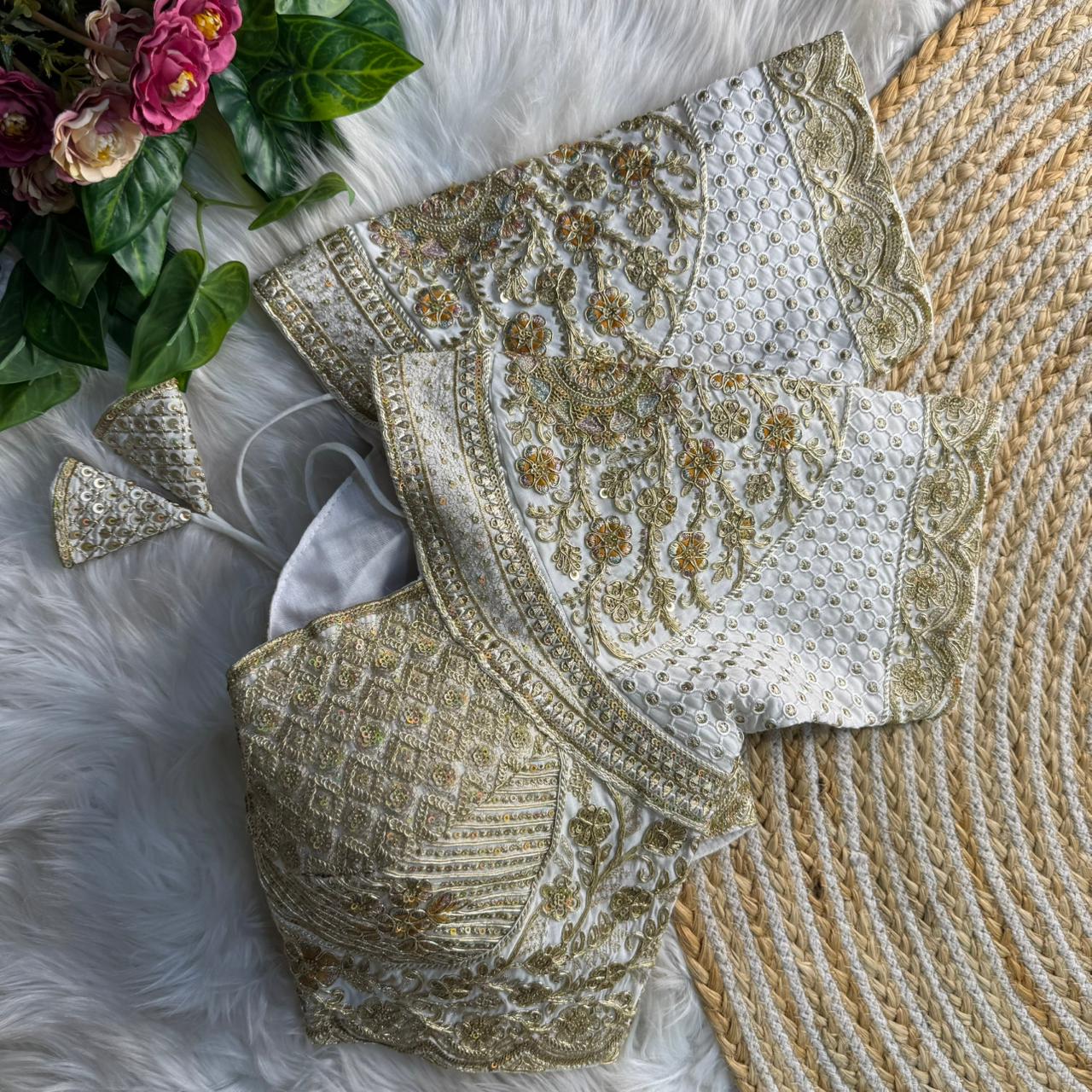 White Madhubala Styles Inspired Heavy Zari Work Bridal Blouse 