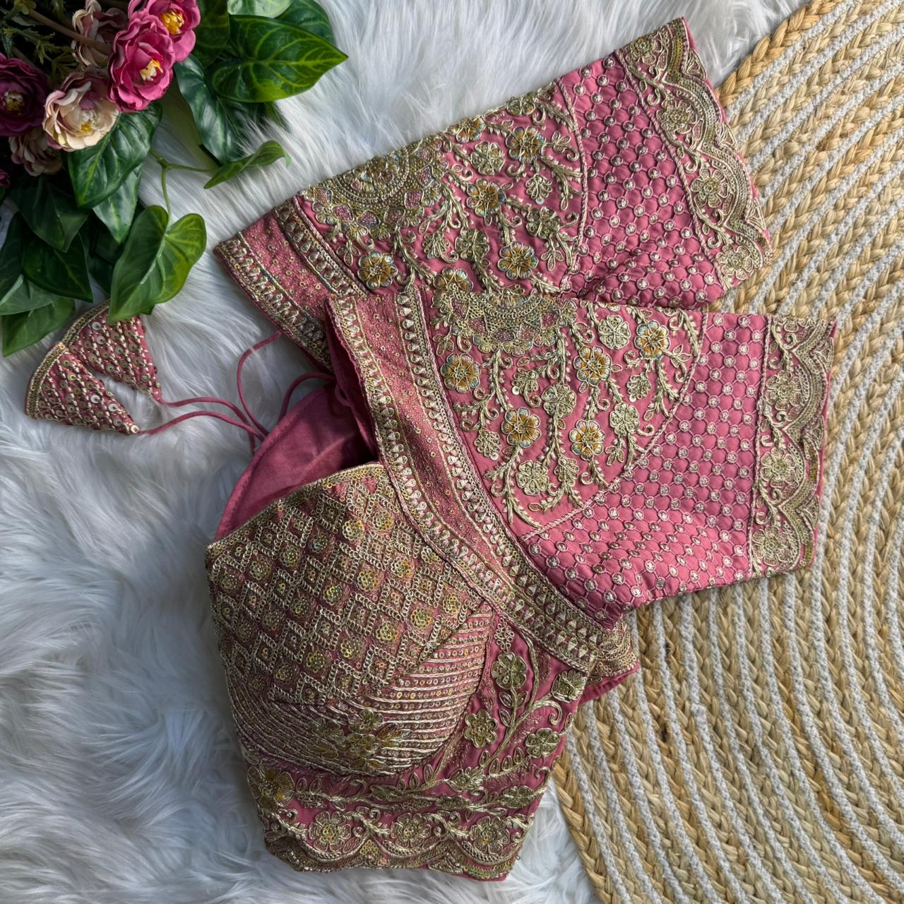 Peach Madhubala Styles Inspired Heavy Zari Work Bridal Blouse 