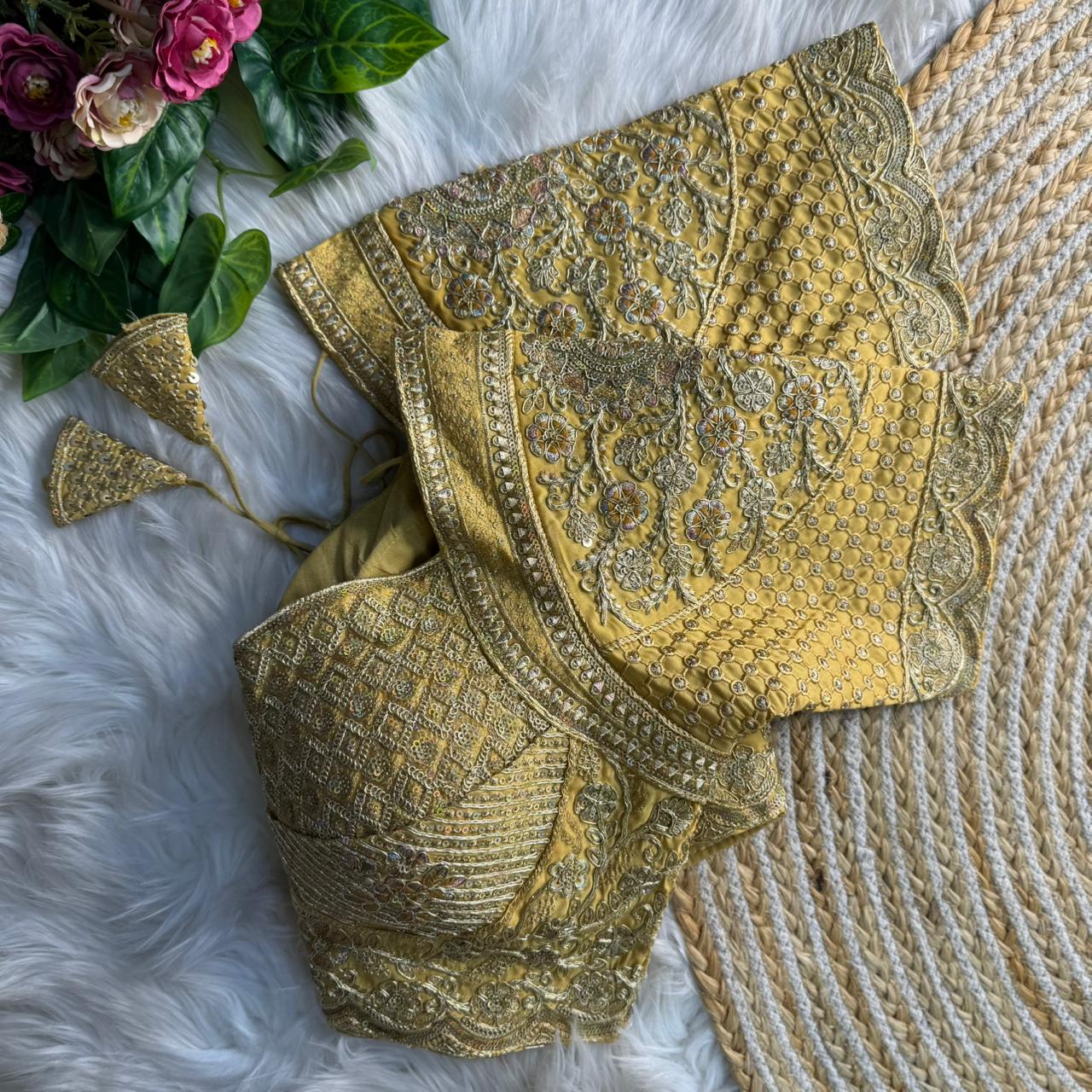 Gold Madhubala Styles Inspired Heavy Zari Work Bridal Blouse 