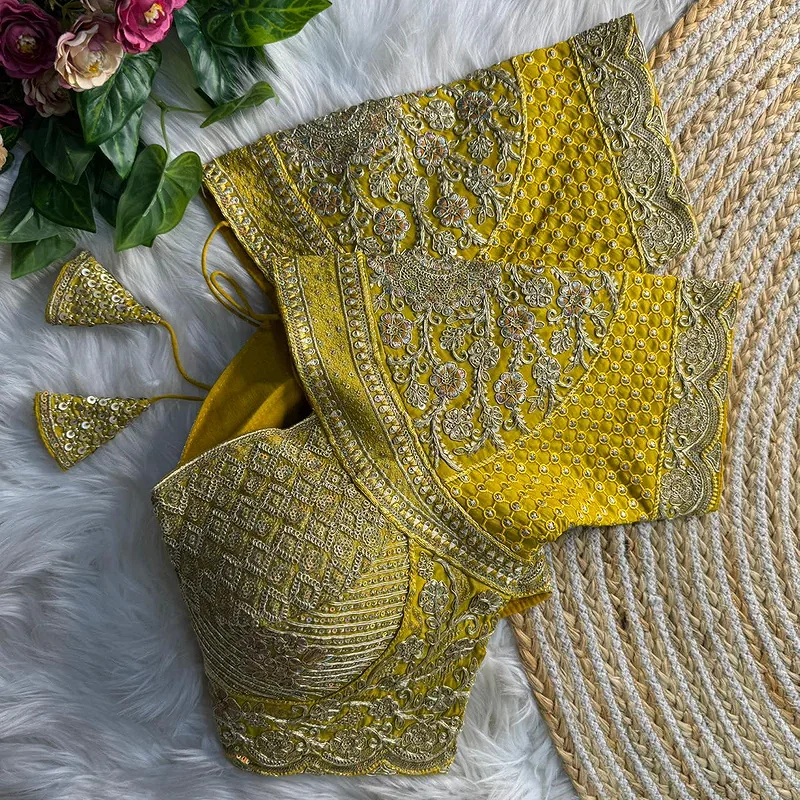 Yellow Madhubala Styles Inspired Heavy Zari Work Bridal Blouse  — view 1