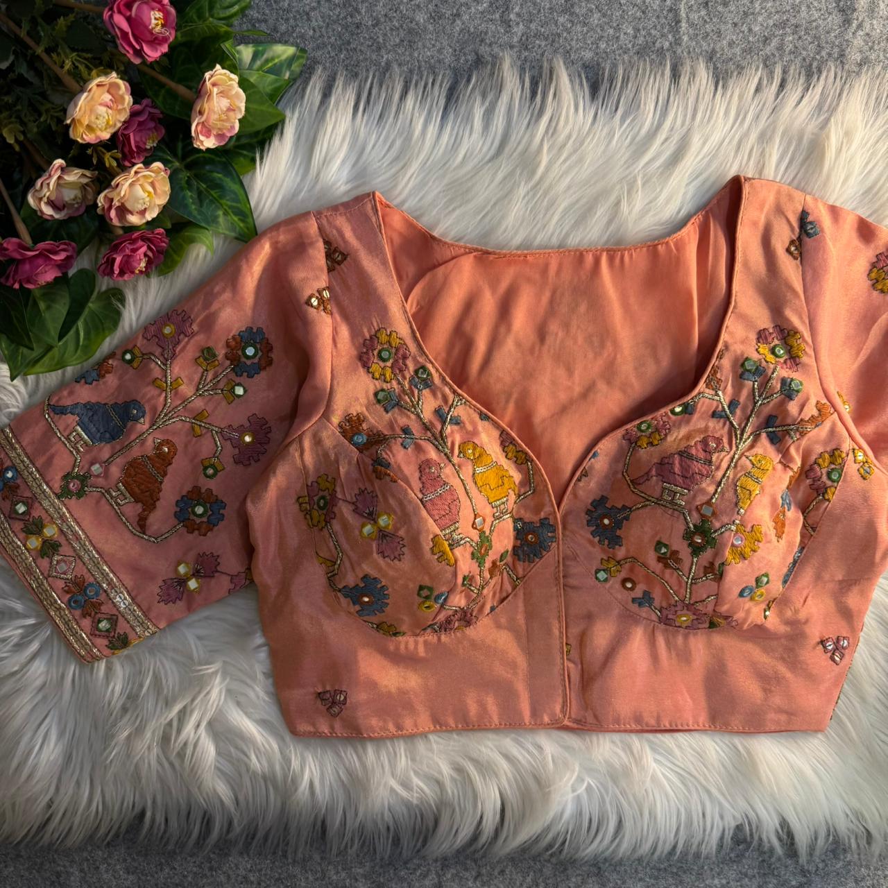 Onion Pink Sabyasachi Inspired Birds Love Multi Mirror Work Designer Blouse