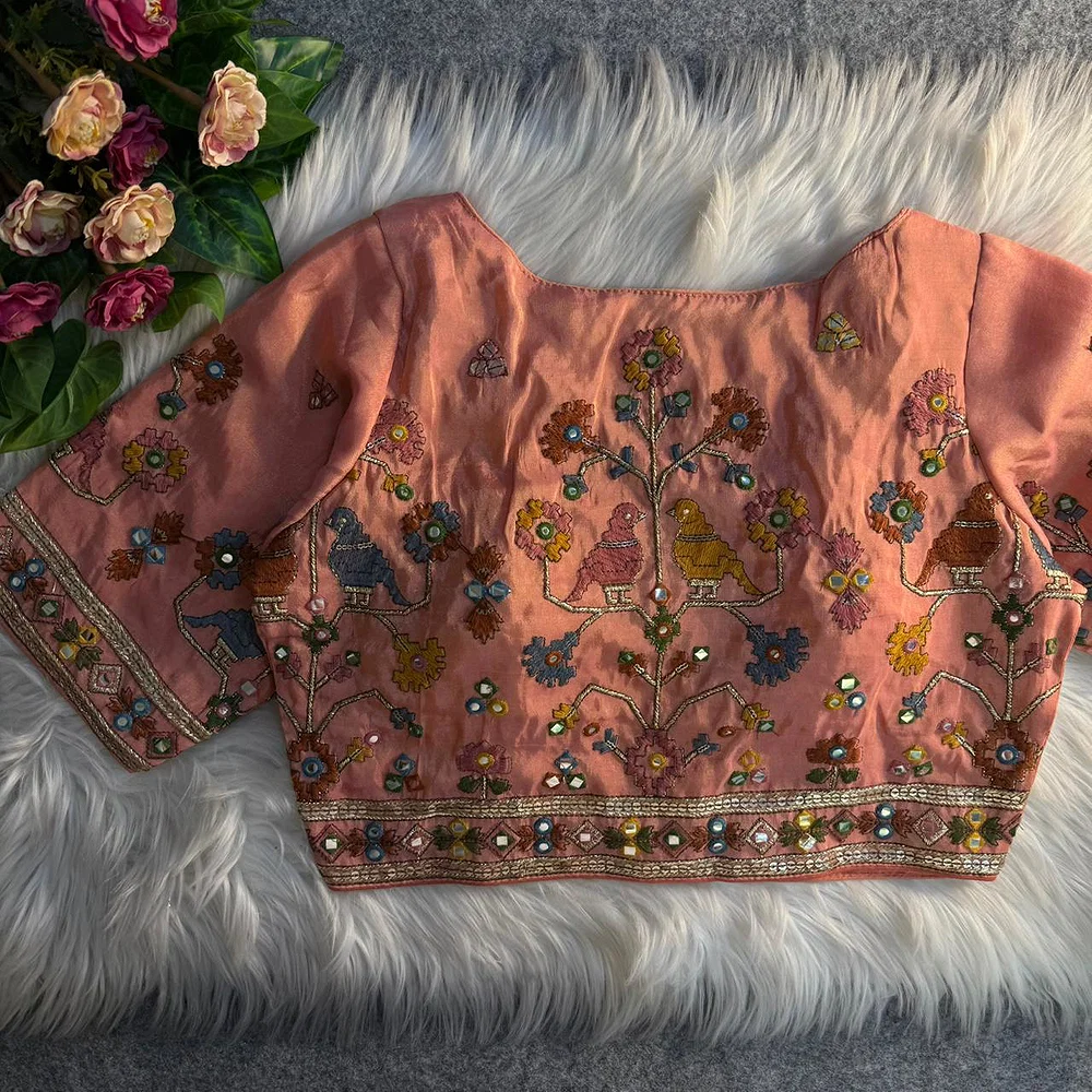 Onion Pink Sabyasachi Inspired Birds Love Multi Mirror Work Designer Blouse — view 2