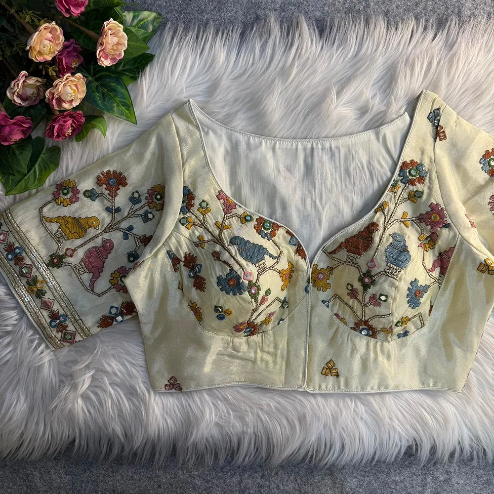 Cream Sabyasachi Inspired Birds Love Multi Mirror Work Designer Blouse — view 1