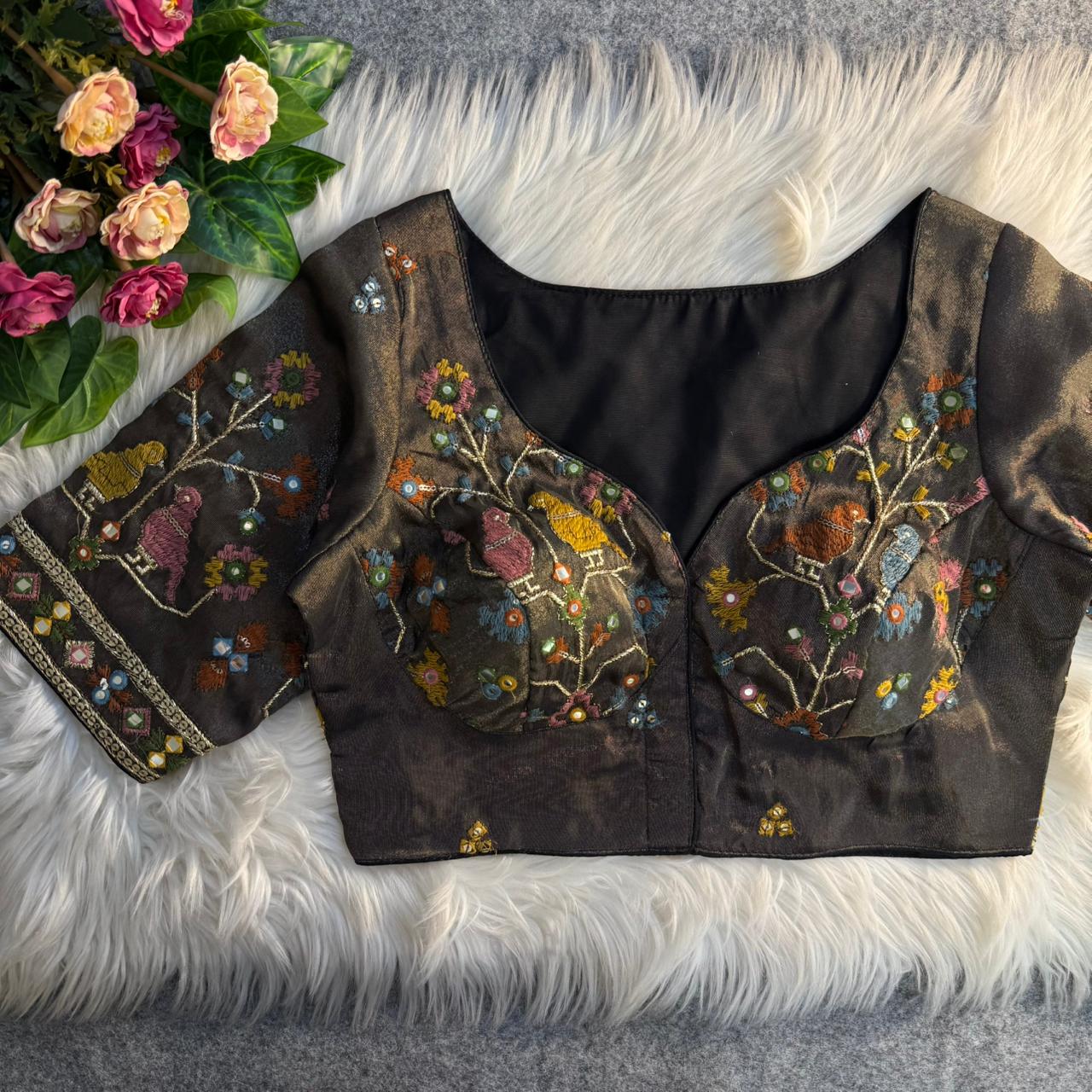 Black Sabyasachi Inspired Birds Love Multi Mirror Work Designer Blouse
