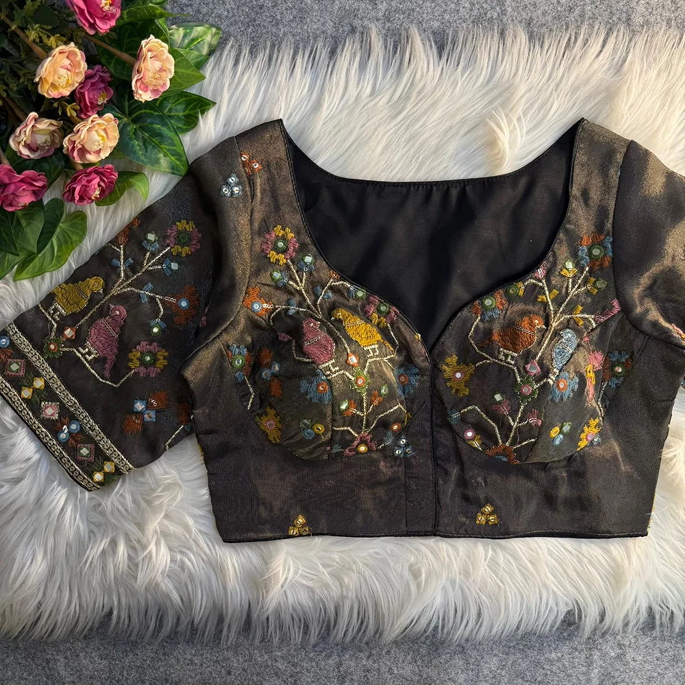 Black Sabyasachi Inspired Birds Love Multi Mirror Work Designer Blouse — view 1