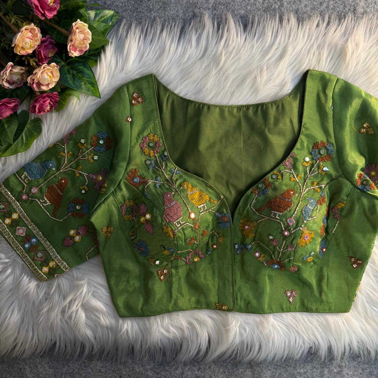 Green Sabyasachi Inspired Birds Love Multi Mirror Work Designer Blouse