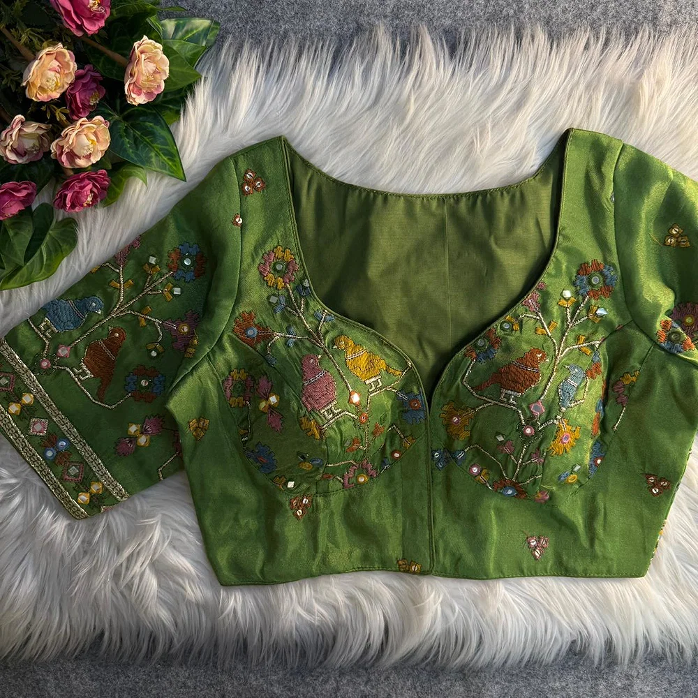Green Sabyasachi Inspired Birds Love Multi Mirror Work Designer Blouse — view 1