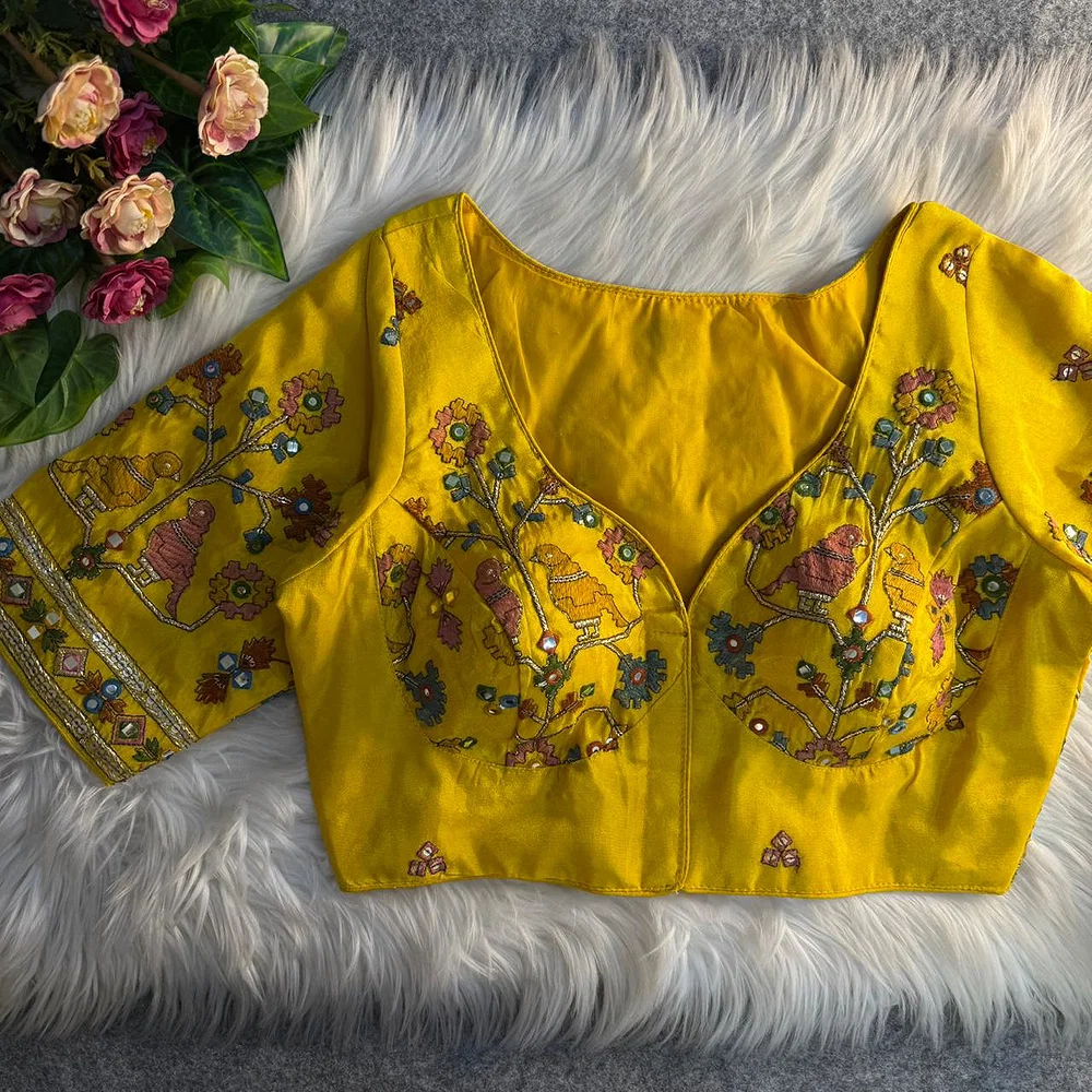Yellow Sabyasachi Inspired Birds Love Multi Mirror Work Designer Blouse — view 1