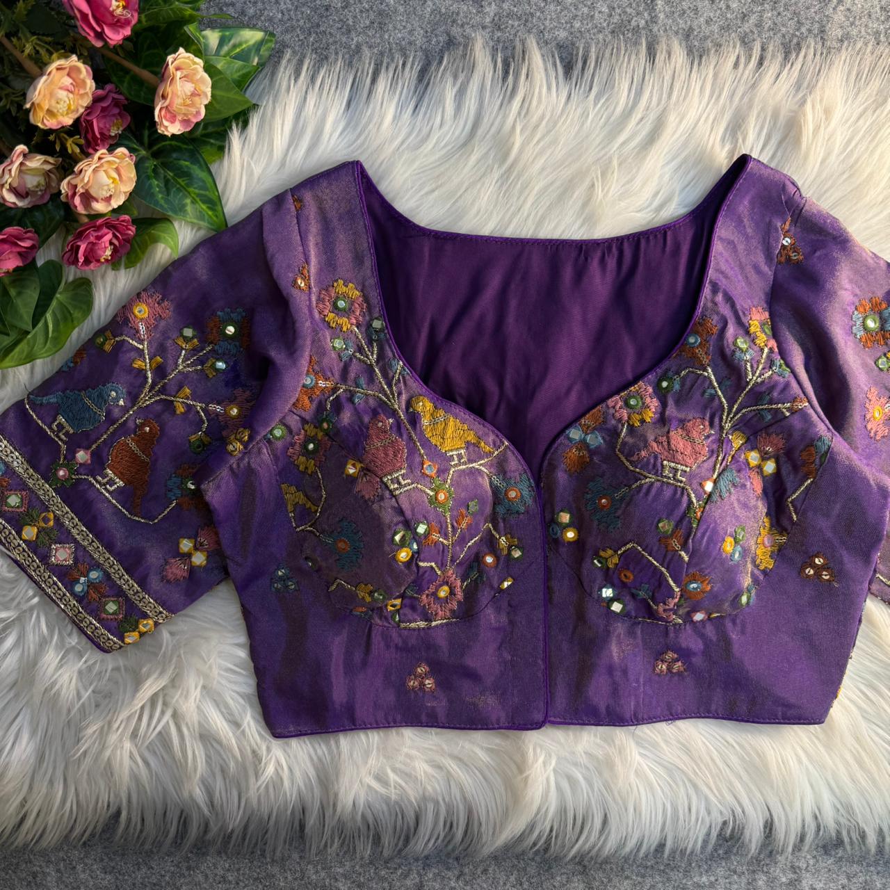 Purple Sabyasachi Inspired Birds Love Multi Mirror Work Designer Blouse