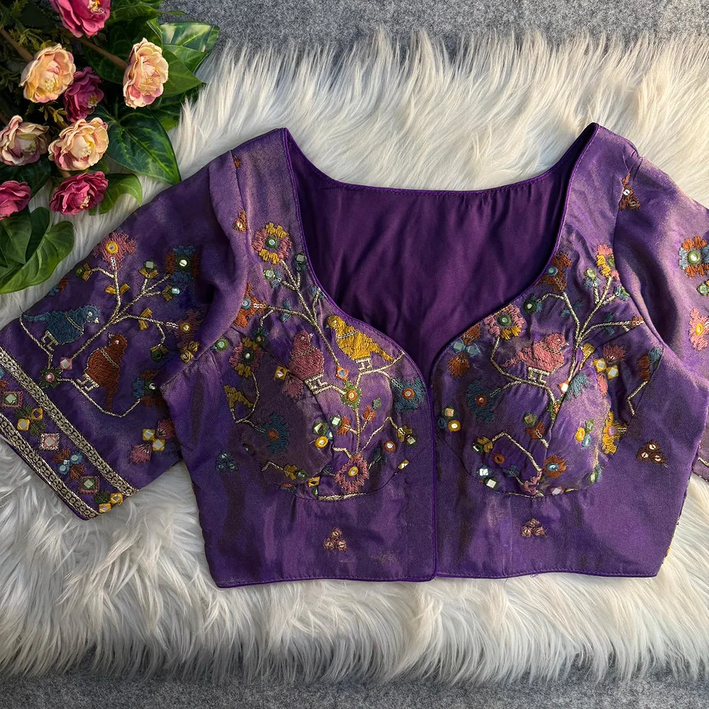 Purple Sabyasachi Inspired Birds Love Multi Mirror Work Designer Blouse — view 1