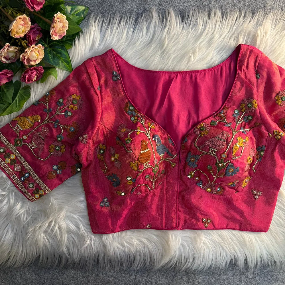 Rani Sabyasachi Inspired Birds Love Multi Mirror Work Designer Blouse — view 1