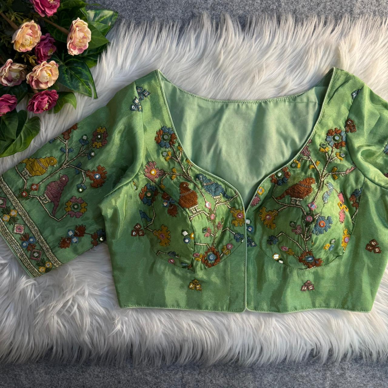 Pista Green Sabyasachi Inspired Birds Love Multi Mirror Work Designer Blouse