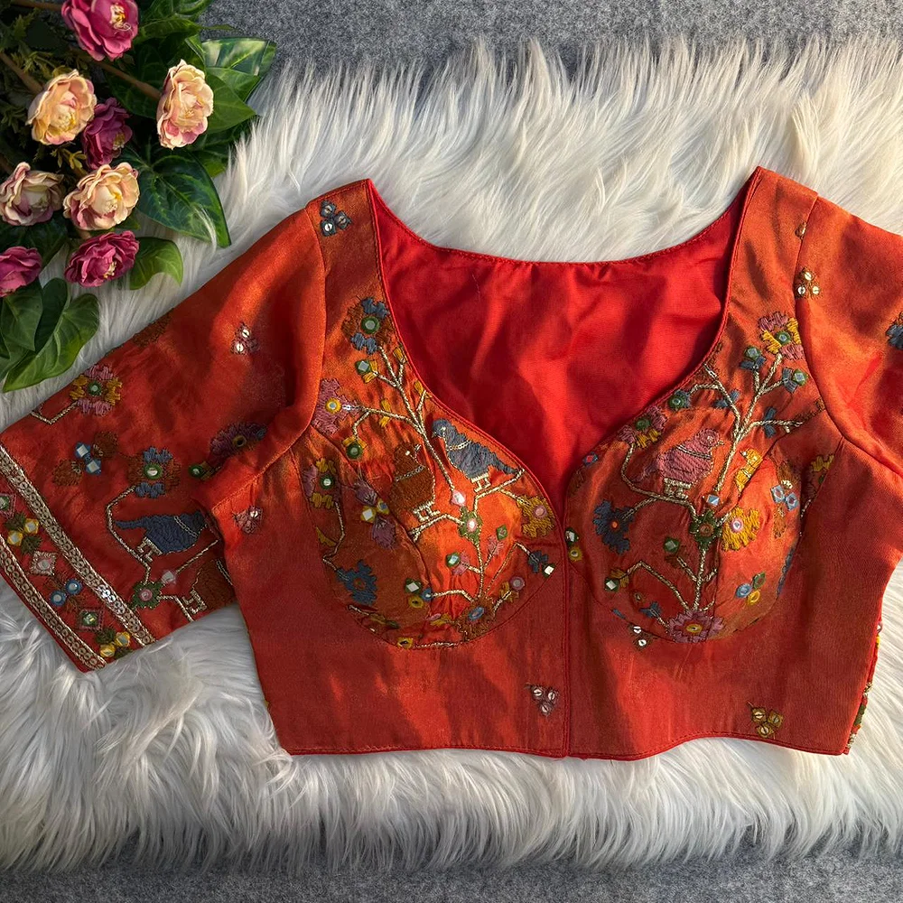 Red Sabyasachi Inspired Birds Love Multi Mirror Work Designer Blouse — view 1