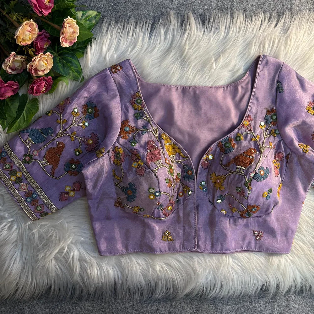 Lavender Sabyasachi Inspired Birds Love Multi Mirror Work Designer Blouse — view 1