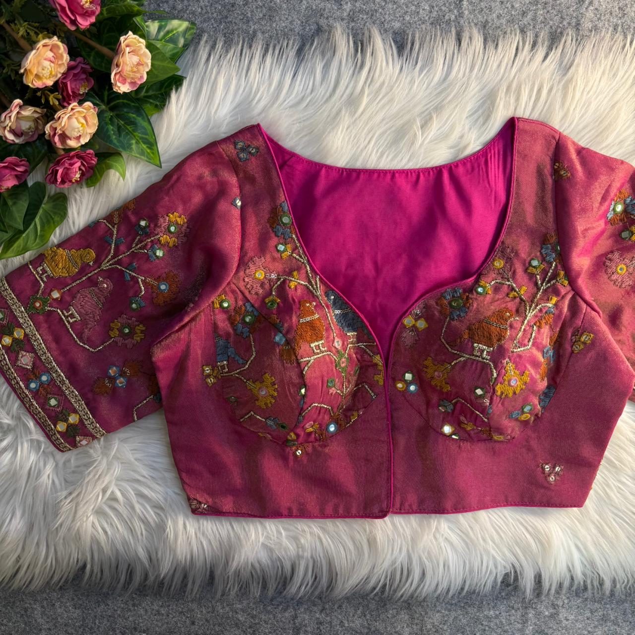 Magenta Sabyasachi Inspired Birds Love Multi Mirror Work Designer Blouse