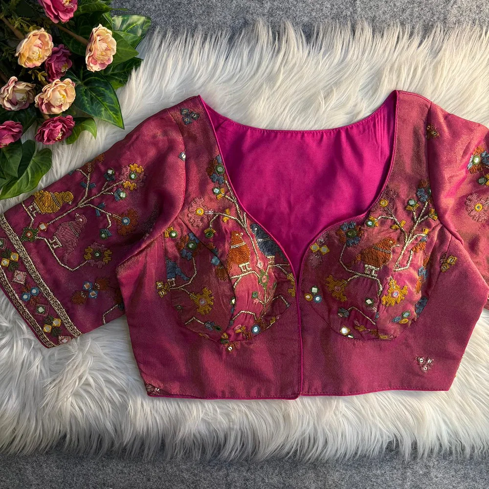 Magenta Sabyasachi Inspired Birds Love Multi Mirror Work Designer Blouse — view 1