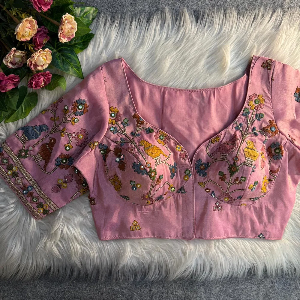 Pink Sabyasachi Inspired Birds Love Multi Mirror Work Designer Blouse — view 1