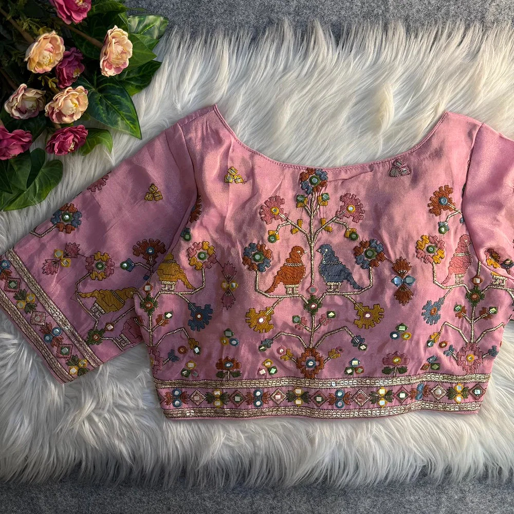 Pink Sabyasachi Inspired Birds Love Multi Mirror Work Designer Blouse — view 2