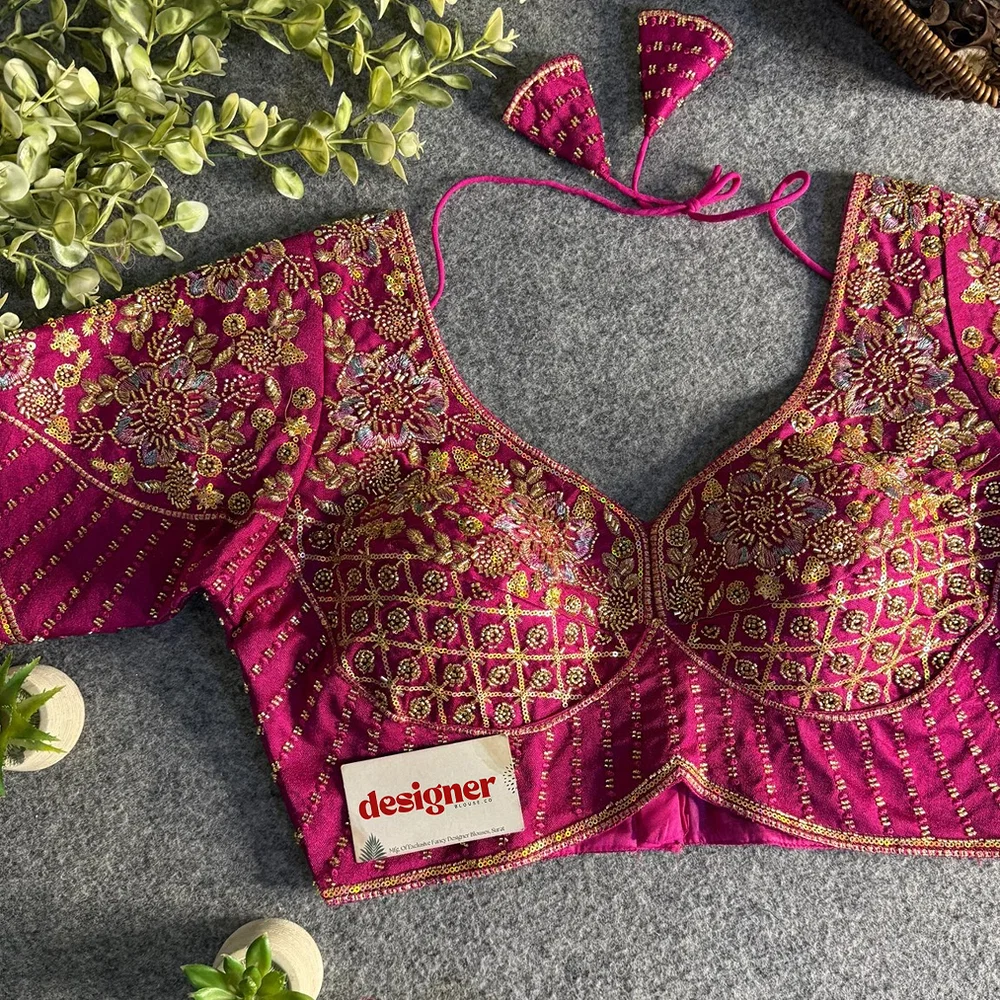 Magenta Italian Silk Beads & Embroidery Work Designer Blouse — view 1