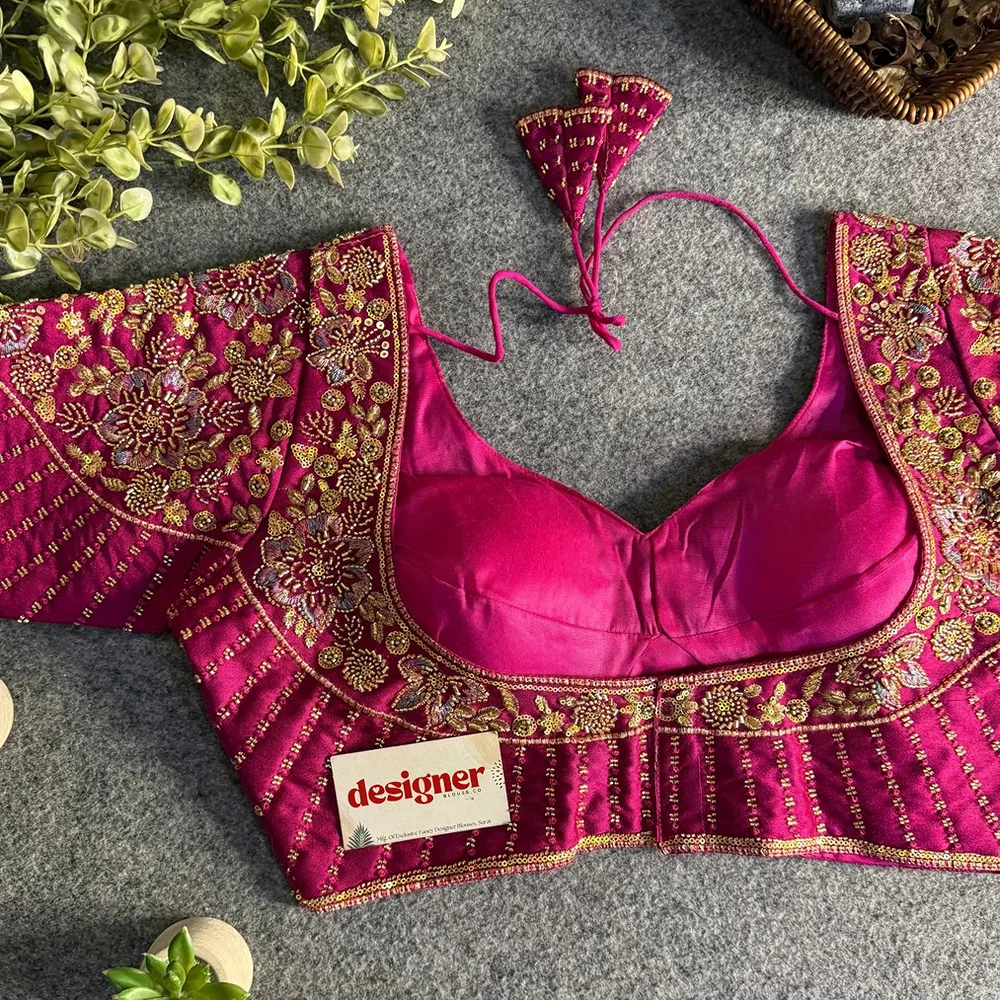 Magenta Italian Silk Beads & Embroidery Work Designer Blouse — view 4