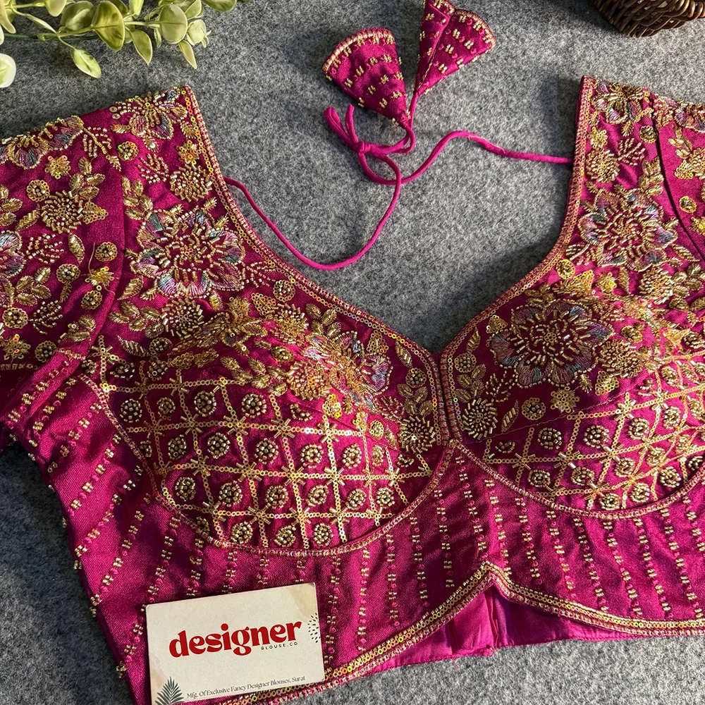 Magenta Italian Silk Beads & Embroidery Work Designer Blouse — view 2