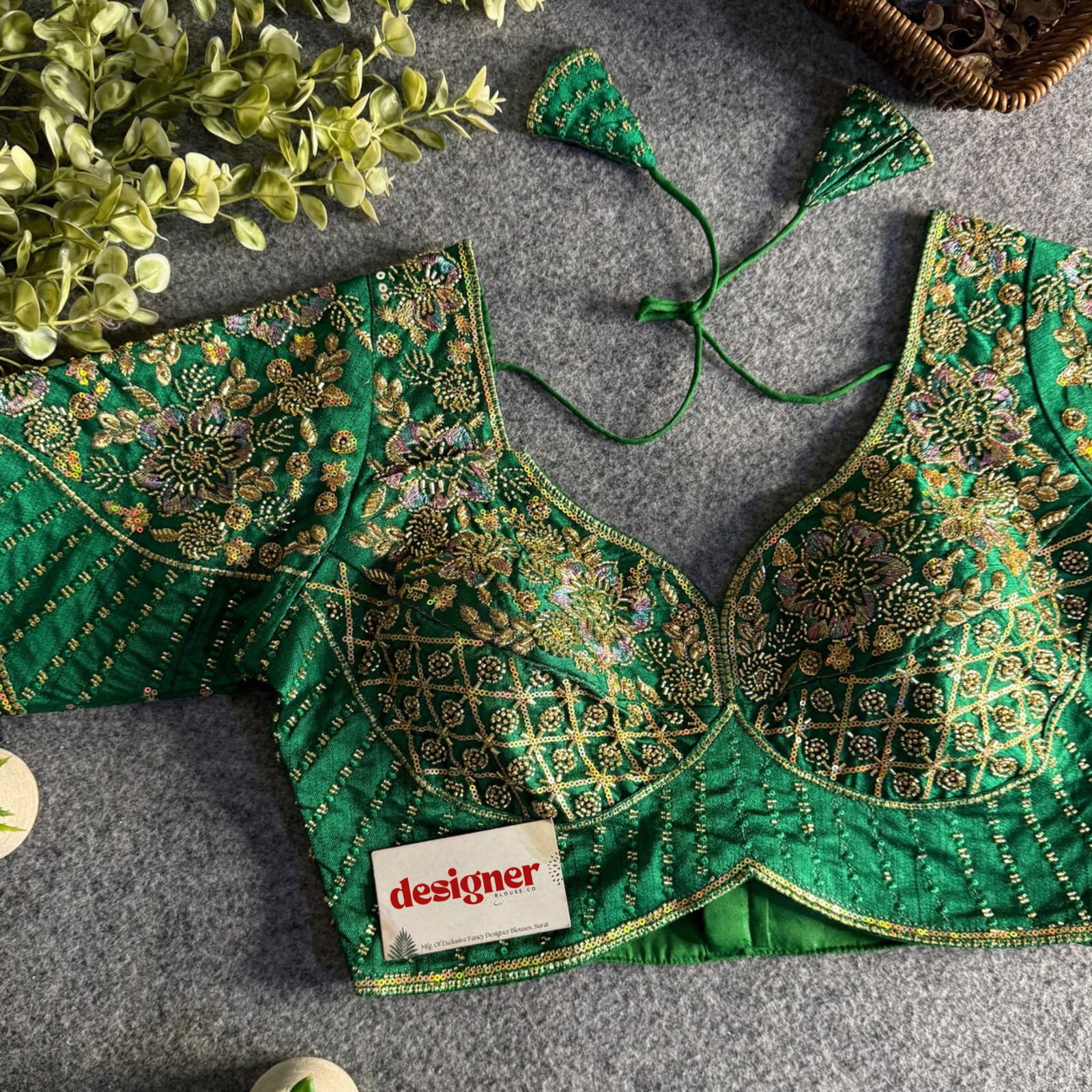 Green Italian Silk Beads & Embroidery Work Designer Blouse
