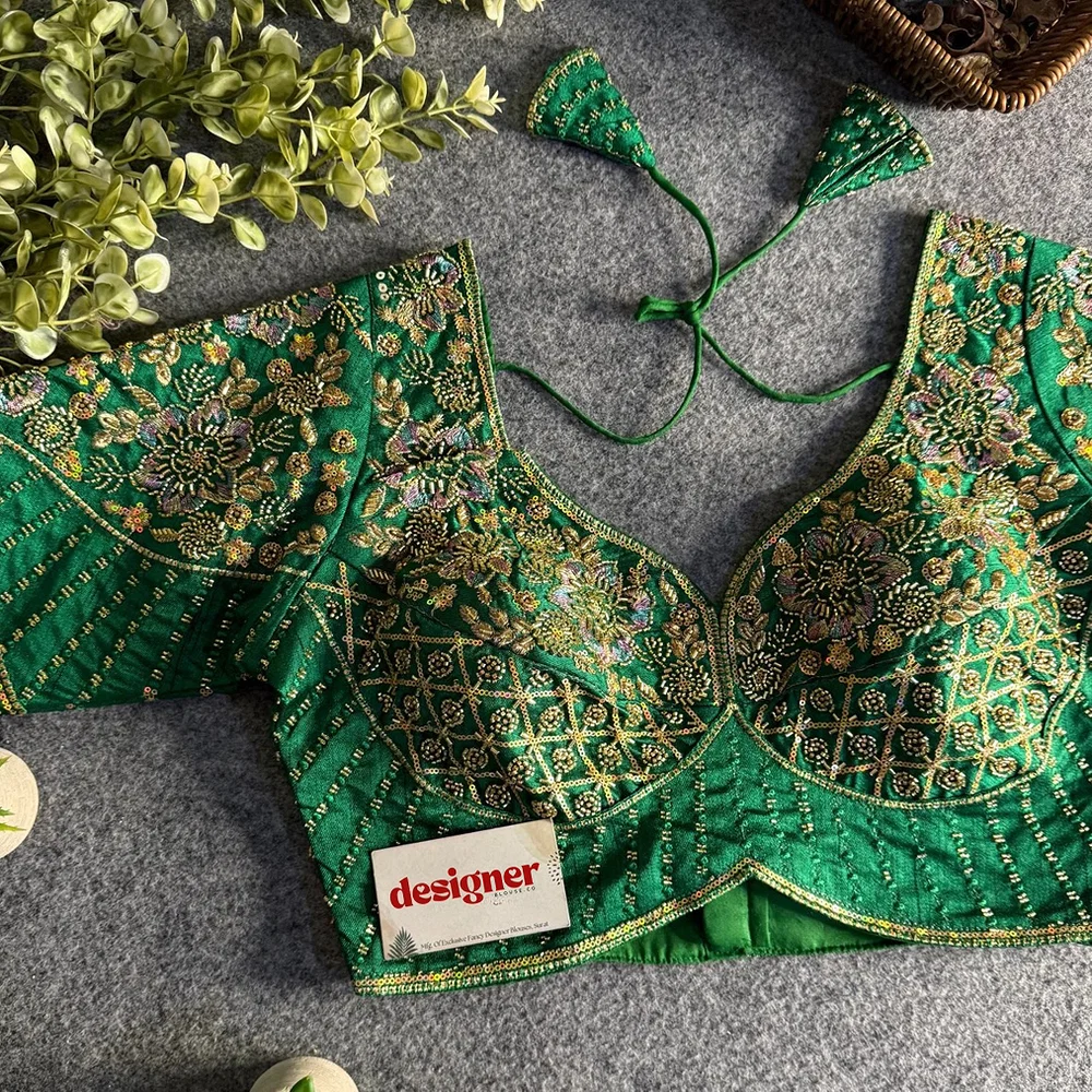 Green Italian Silk Beads & Embroidery Work Designer Blouse — view 1