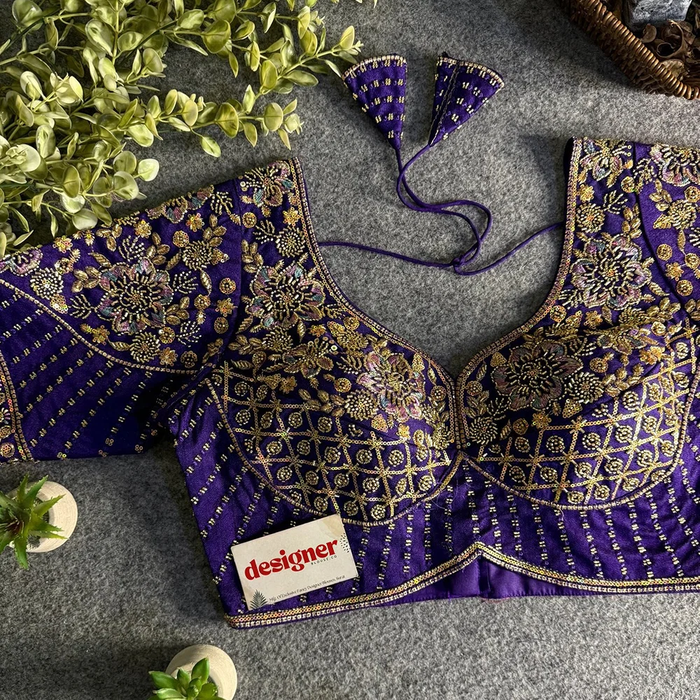Purple Italian Silk Beads & Embroidery Work Designer Blouse — view 1