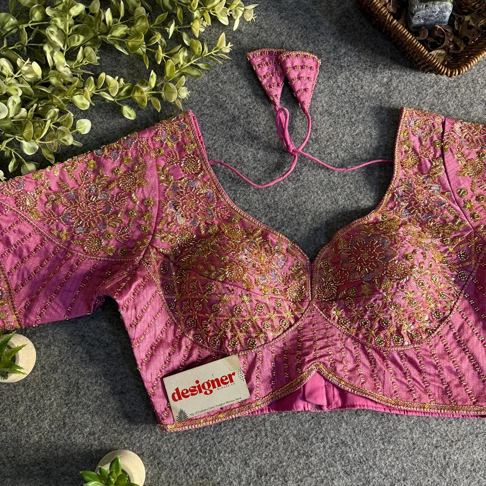 Pink Italian Silk Beads & Embroidery Work Designer Blouse — view 1