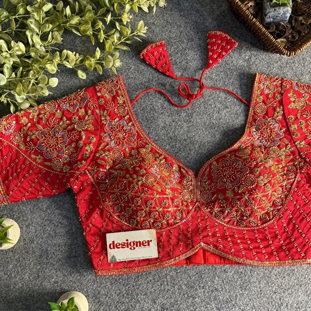 Red Italian Silk Beads & Embroidery Work Designer Blouse — view 1