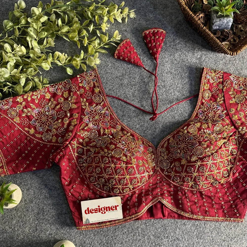 Maroon Italian Silk Beads & Embroidery Work Designer Blouse — view 1