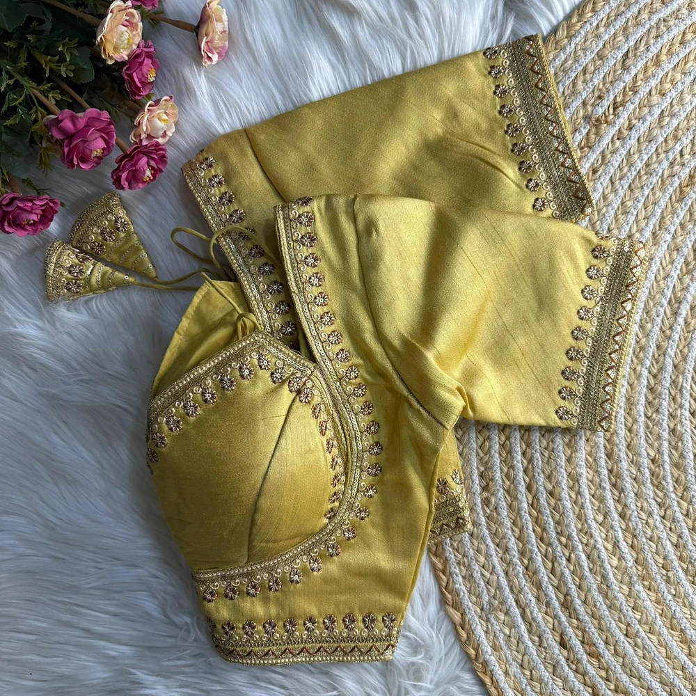 Gold Jari & Codding Thread Work Italian Silk Designer Blouse — view 1