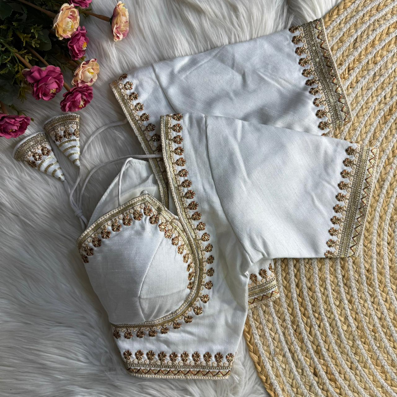 White Jari & Codding Thread Work Italian Silk Designer Blouse