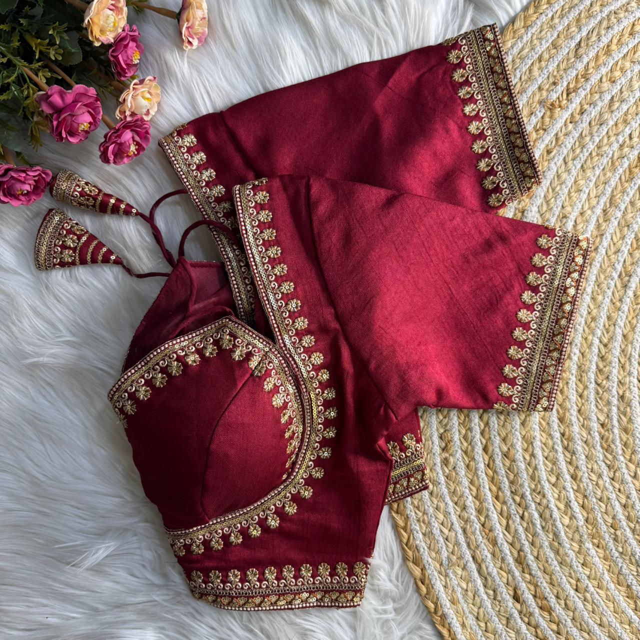 Maroon Jari & Codding Thread Work Italian Silk Designer Blouse