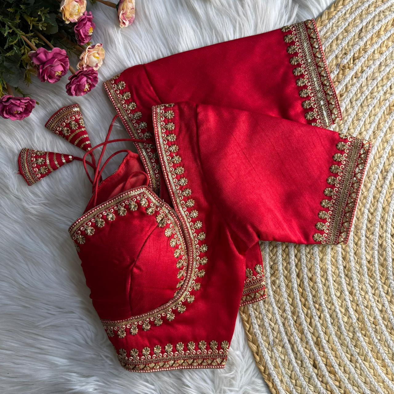 Red Jari & Codding Thread Work Italian Silk Designer Blouse