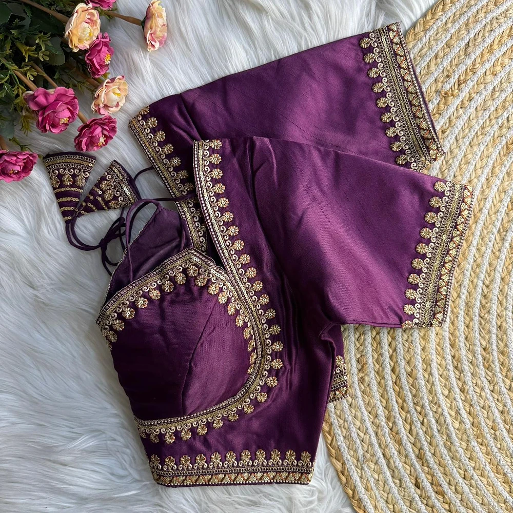 Wine Jari & Codding Thread Work Italian Silk Designer Blouse — view 1