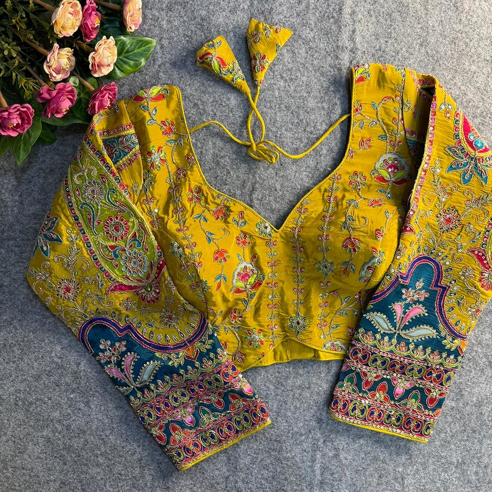 Yellow Position Work Pure Soft Crepe Silk Designer Full Sleeve Blouse — view 1