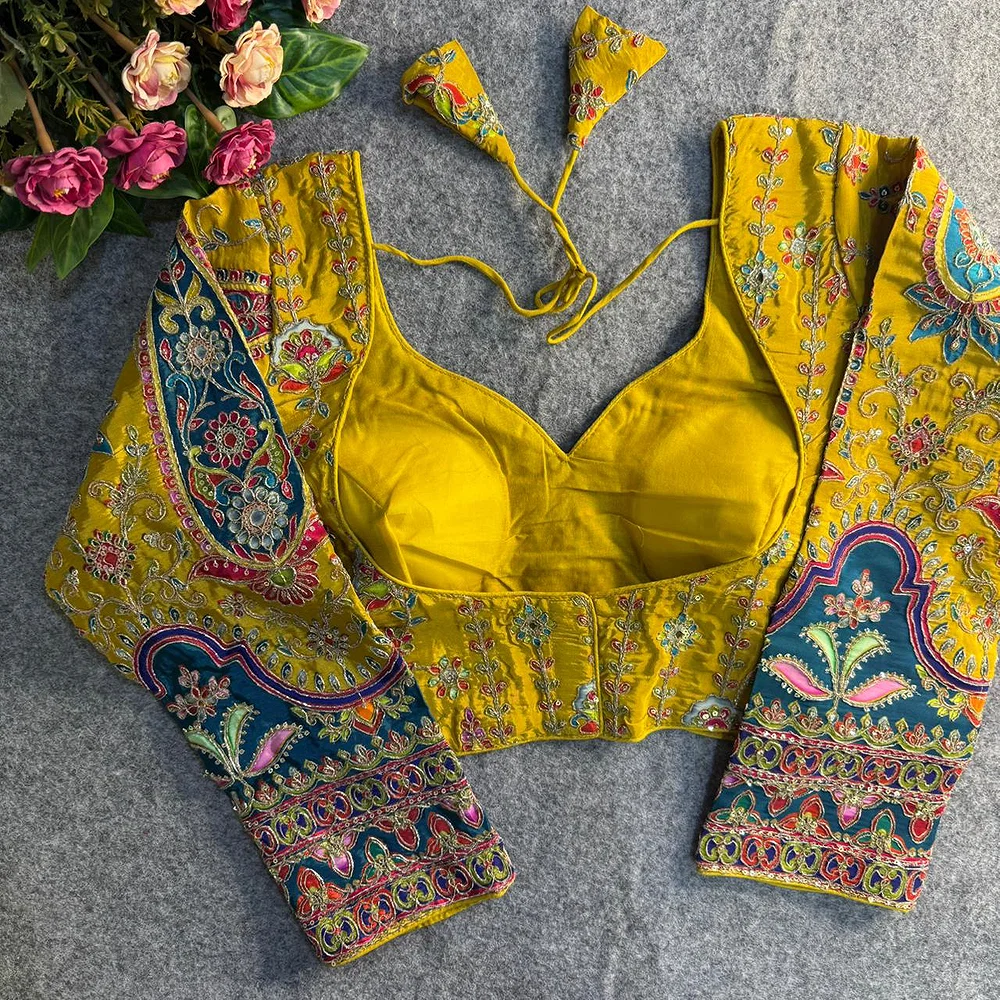 Yellow Position Work Pure Soft Crepe Silk Designer Full Sleeve Blouse — view 2