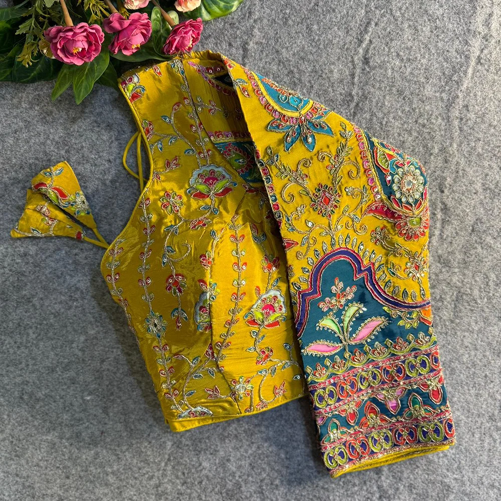 Yellow Position Work Pure Soft Crepe Silk Designer Full Sleeve Blouse — view 3