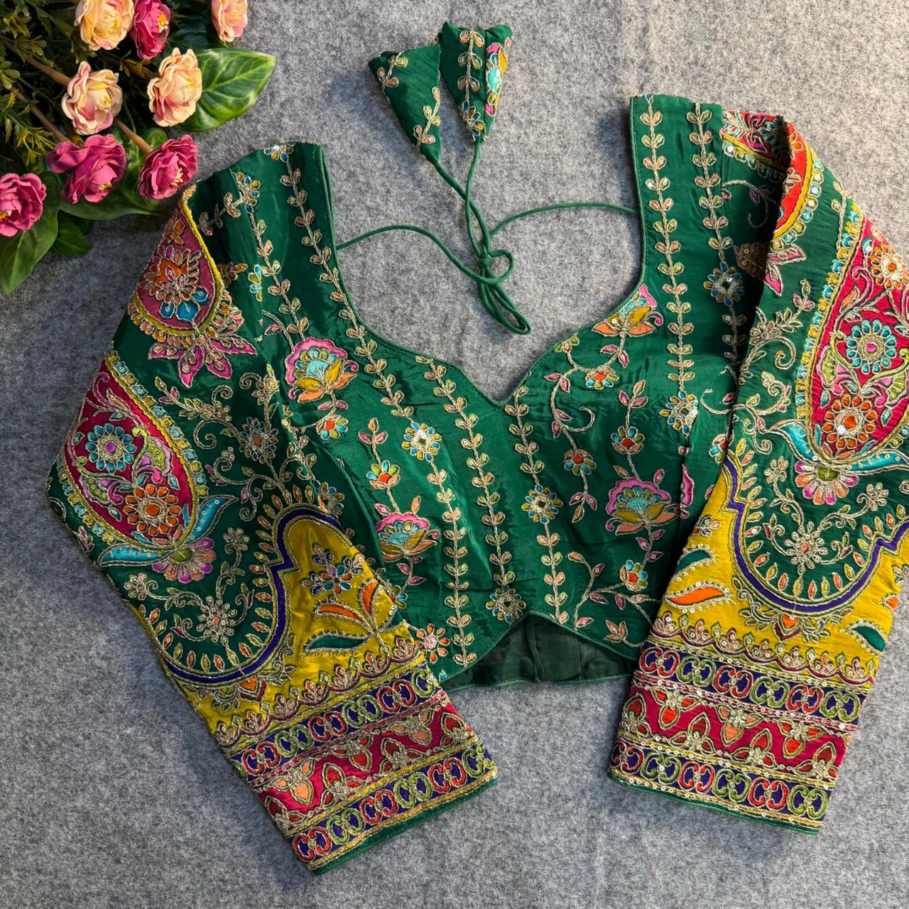 Bottle Green Position Work Pure Soft Crepe Silk Designer Full Sleeve Blouse