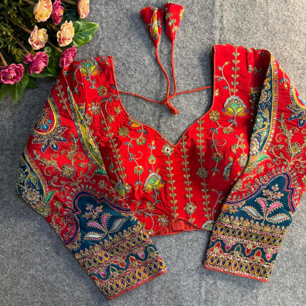 Red Position Work Pure Soft Crepe Silk Designer Full Sleeve Blouse