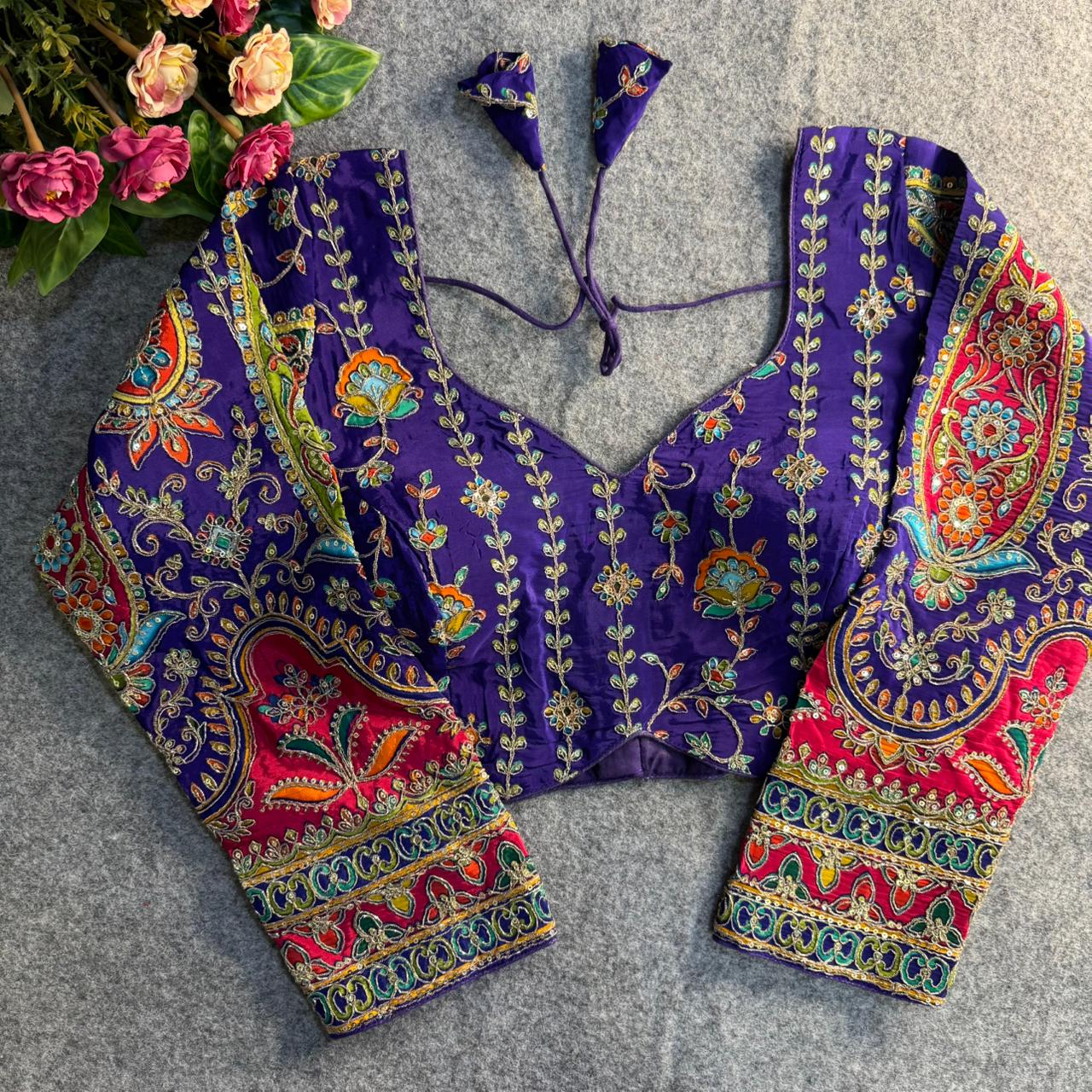 Purple Position Work Pure Soft Crepe Silk Designer Full Sleeve Blouse