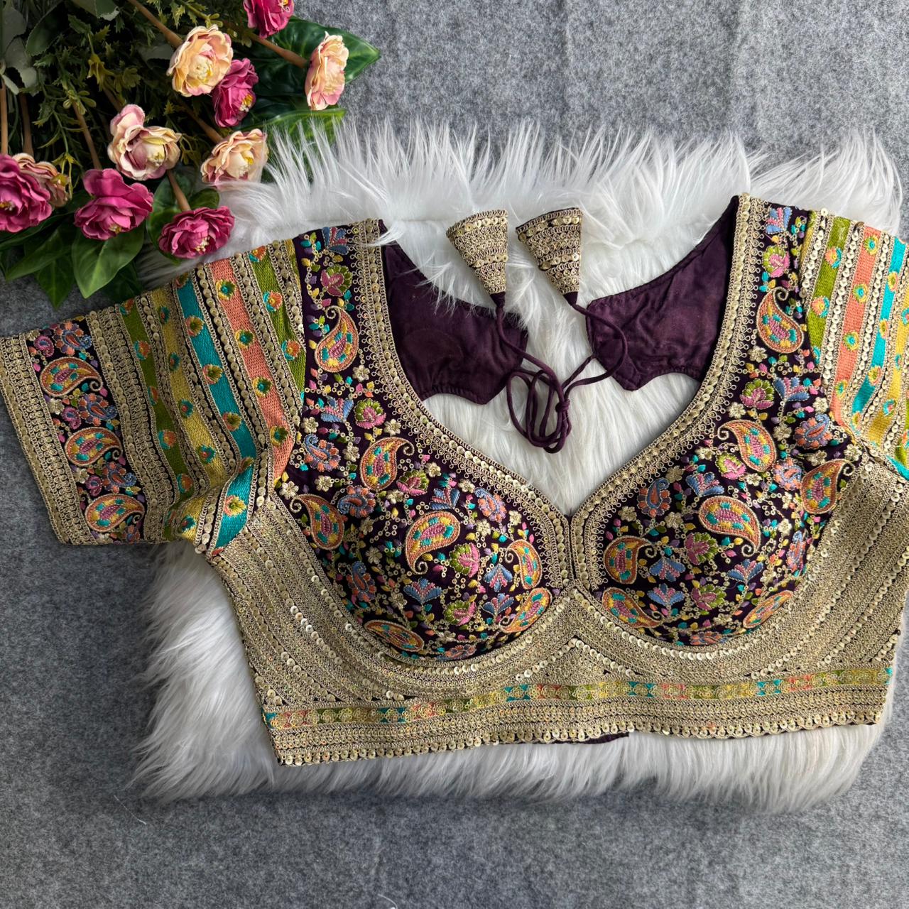 Wine Sabyasachi Style Fox Georgette Embroidery Kashmiri Thread Work Blouse