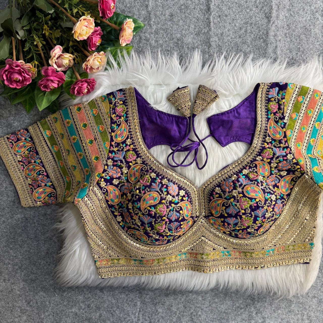 Purple Sabyasachi Style Fox Georgette Embroidery Kashmiri Thread Work Blouse