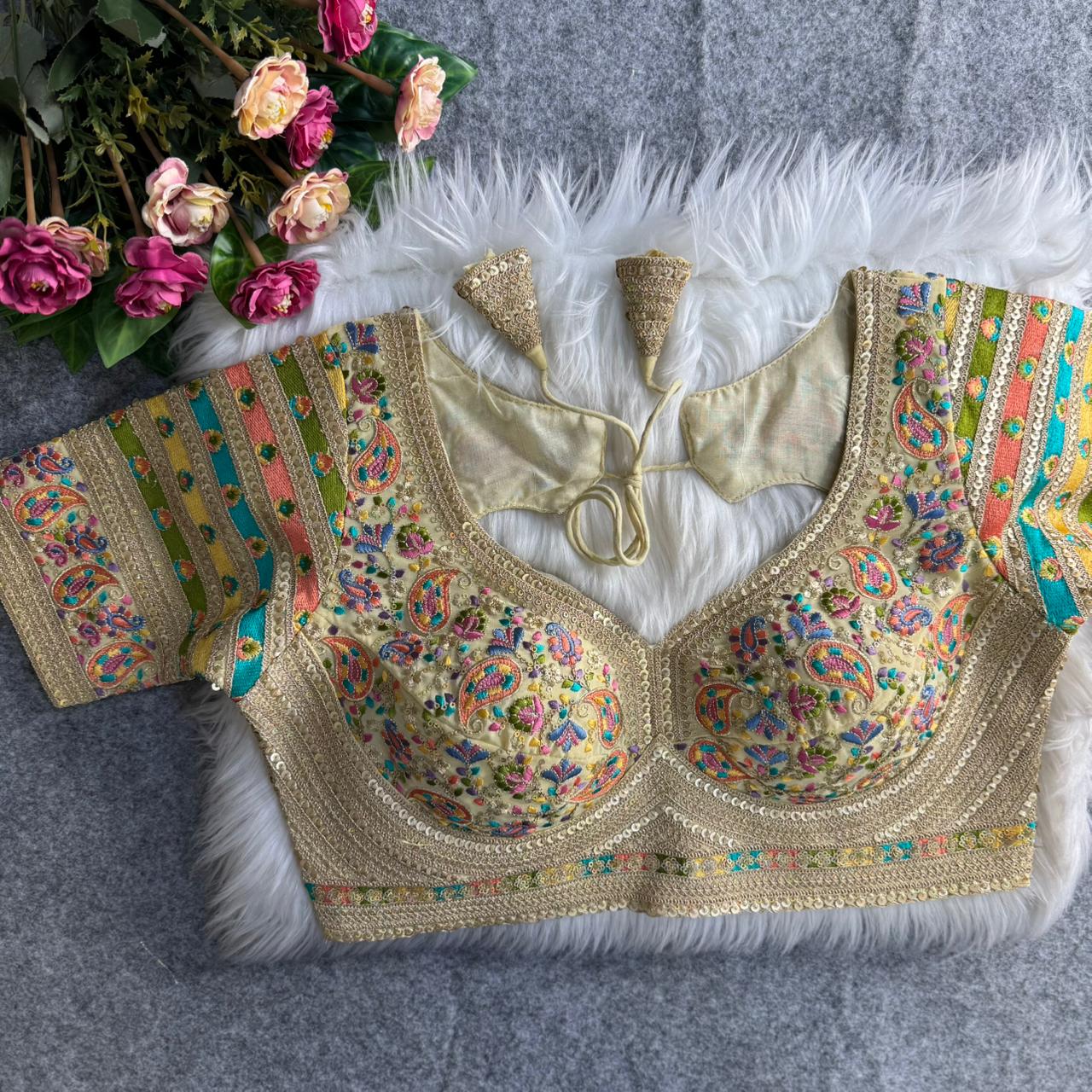 Cream Sabyasachi Style Fox Georgette Embroidery Kashmiri Thread Work Blouse