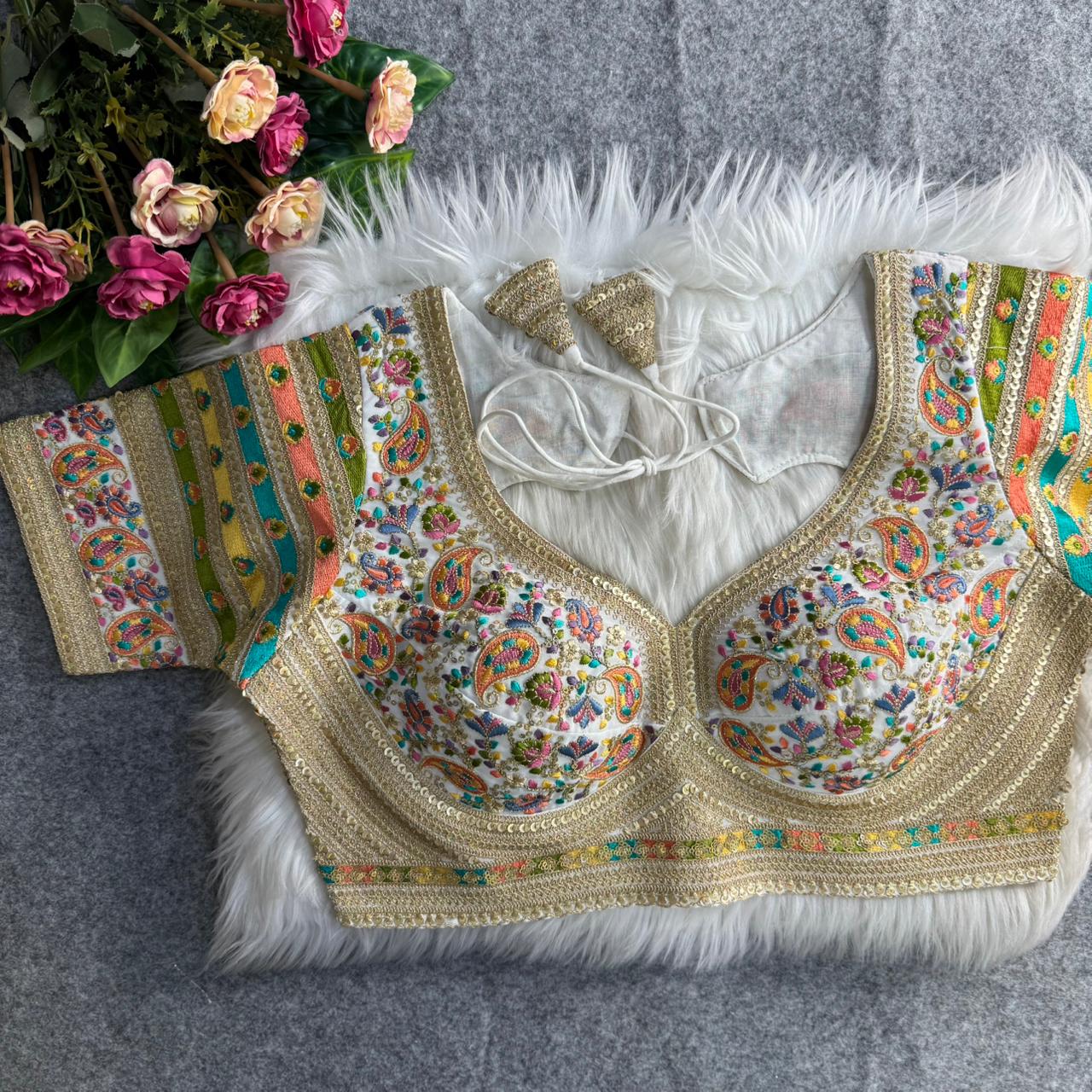 White Sabyasachi Style Fox Georgette Embroidery Kashmiri Thread Work Blouse