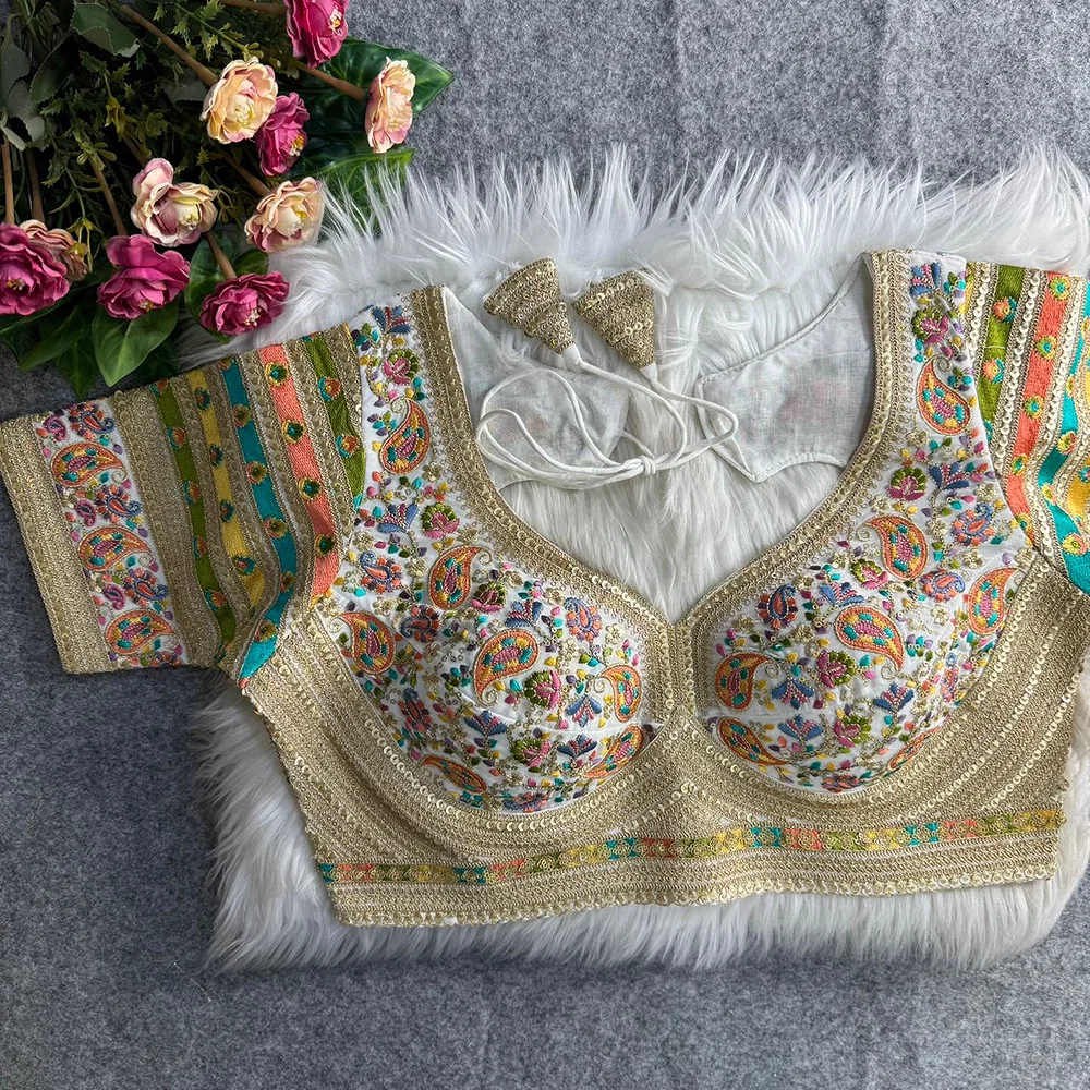 White Sabyasachi Style Fox Georgette Embroidery Kashmiri Thread Work Blouse — view 1