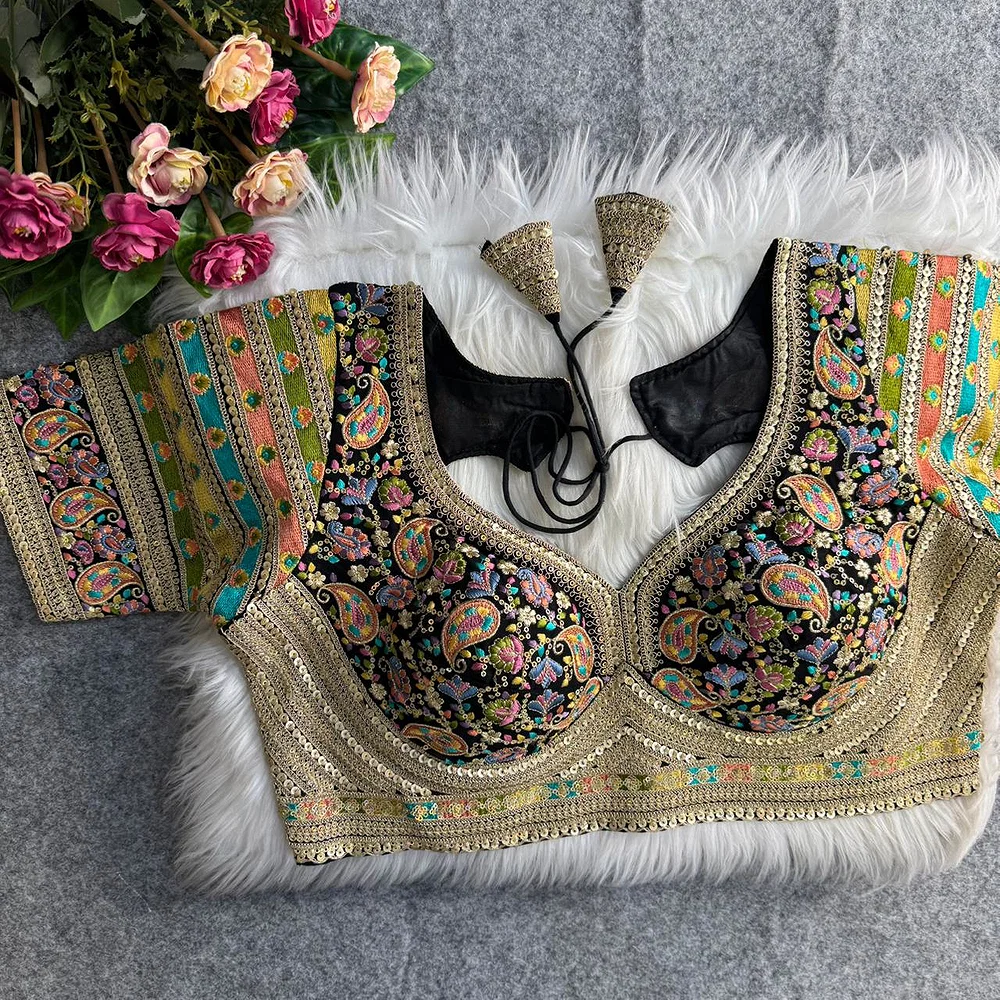 Black Sabyasachi Style Fox Georgette Embroidery Kashmiri Thread Work Blouse — view 1