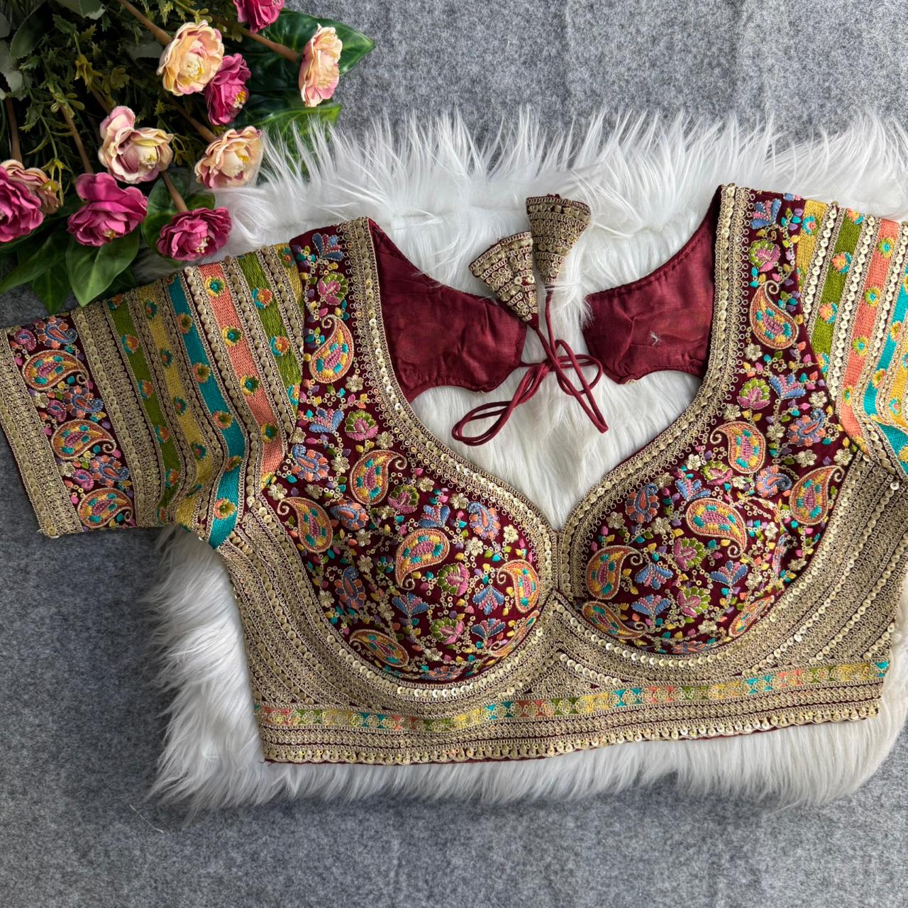 Maroon Sabyasachi Style Fox Georgette Embroidery Kashmiri Thread Work Blouse